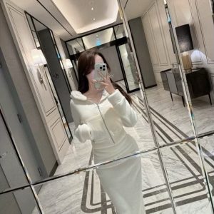 正韓 拼接毛毛連帽套裝 白/黑