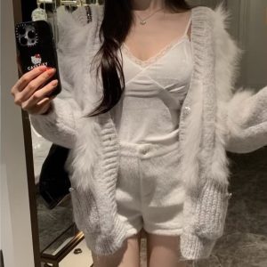正韓 拼接毛絨長版針織外套 灰色